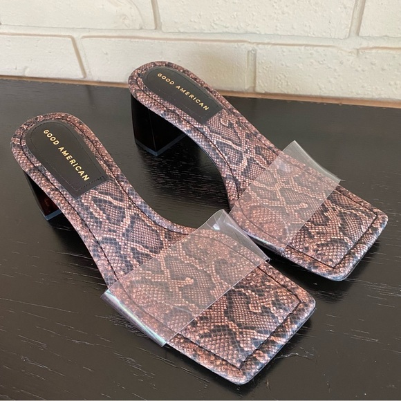 Good American Block Heel Slide Sandal Desert Snake Sz 9 1/2 Going Out Square Toe - Picture 1 of 6